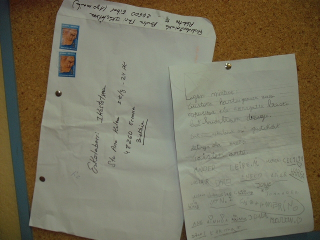 Aldatze ikastetxeko 1.mailakoek bidalitako eskutitza.